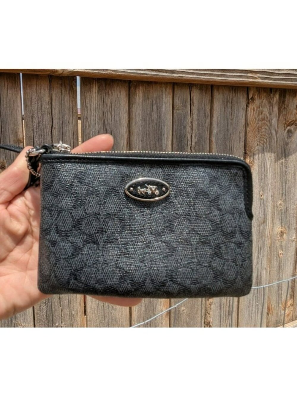 Coach Horse & Carriage Signature Coated Canvas Wristlet Wallet Black Gray Silver